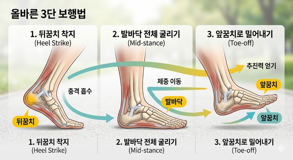 올바른 걷기 방법의 핵심인 발뒤꿈치부터 착지하는 3단 보행 동작 예시