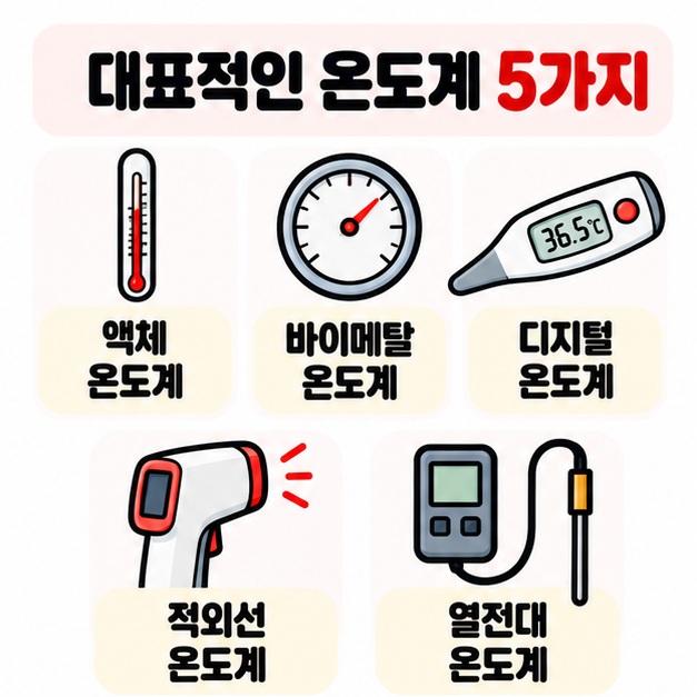 액체, 바이메탈, 디지털, 적외선, 열전대 온도계를 간단한 아이콘과 함께 비교한 카드