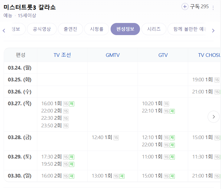 미스트트롯 3 갈라쇼 재방송 편성시간