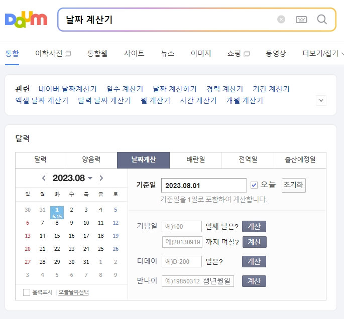 포털 사이트에서 날짜 계산기 기능을 실행한 화면