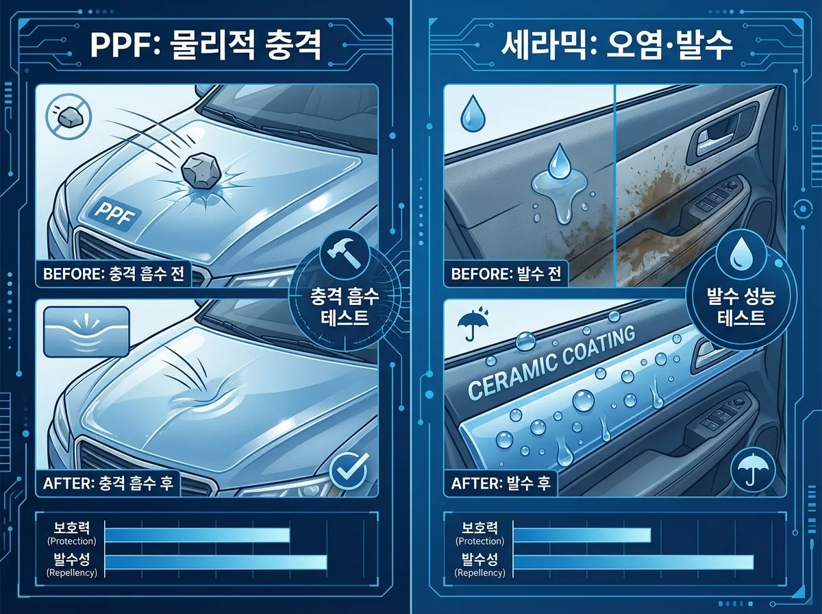 PPF 필름 위 돌 충격 흡수 테스트와 세라믹 코팅 발수 성능 비교 사진