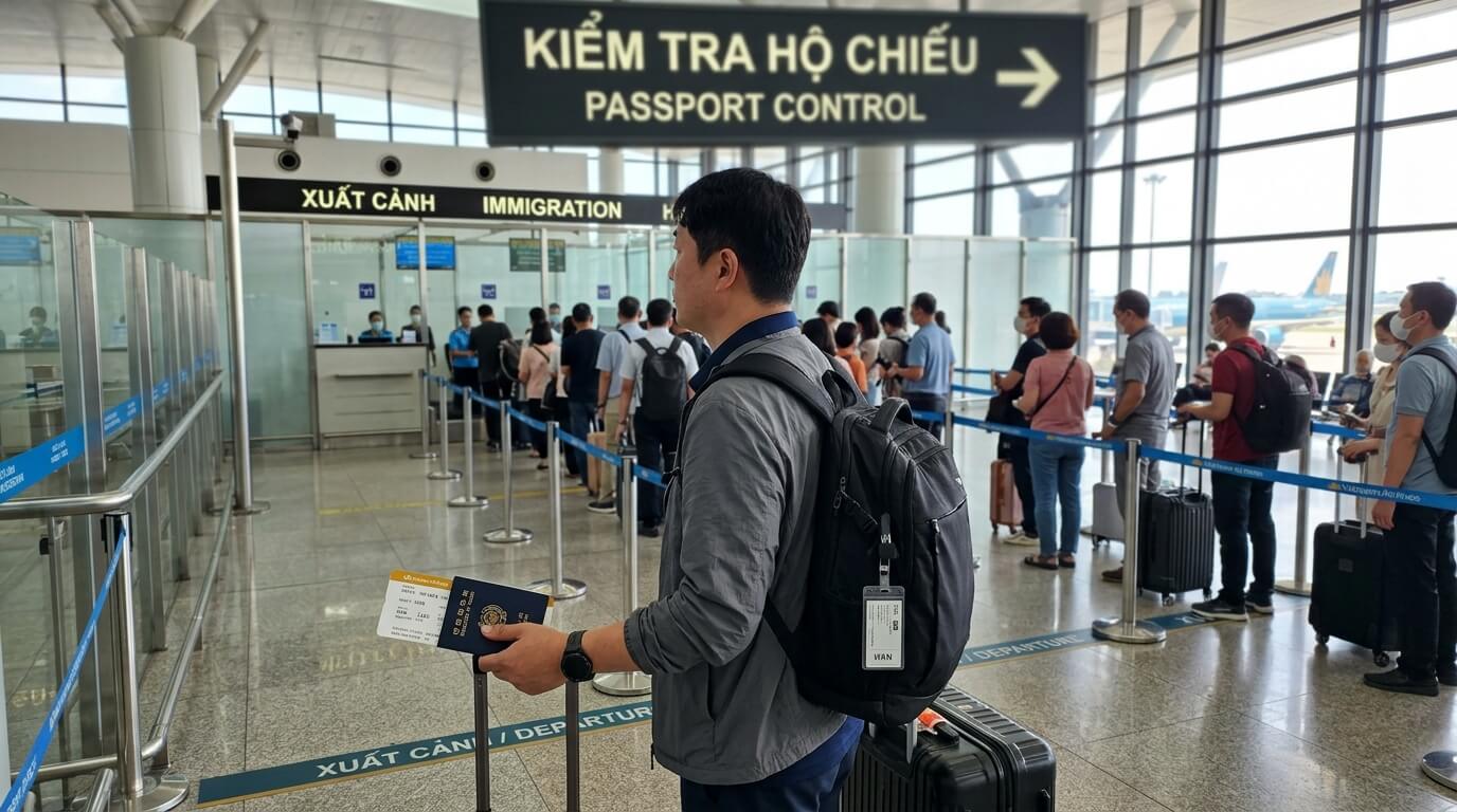 여권과 항공권을 손에 쥐고 공항 출국 심사대 줄에 서 있는 남성의 뒷모습