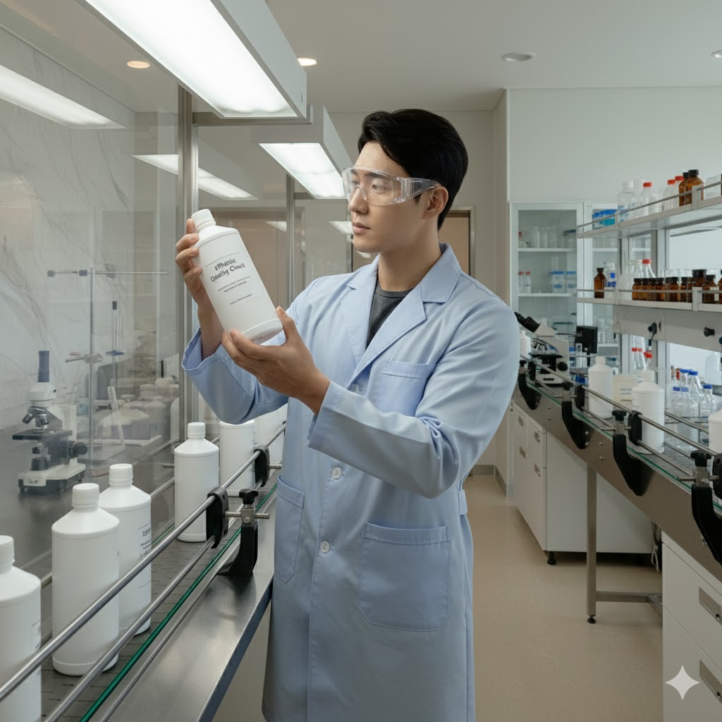 sCap이 적용된 s1000 용기를 전문 엔지니어가 제조 라인에서 품질 검수하는 모습. sPlastic의 품질 관리