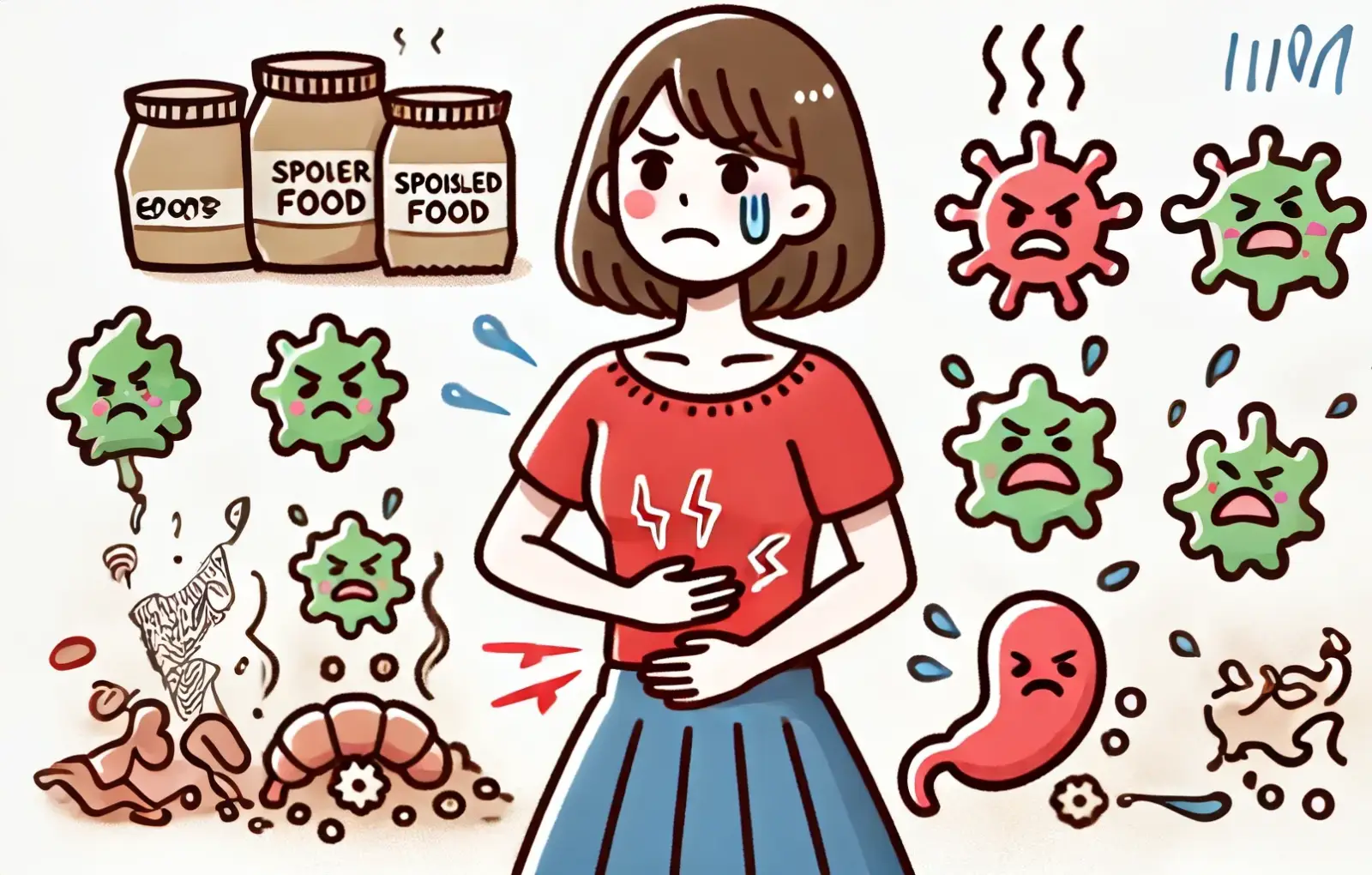 식중독으로 인한 복통을 느끼는 여성
