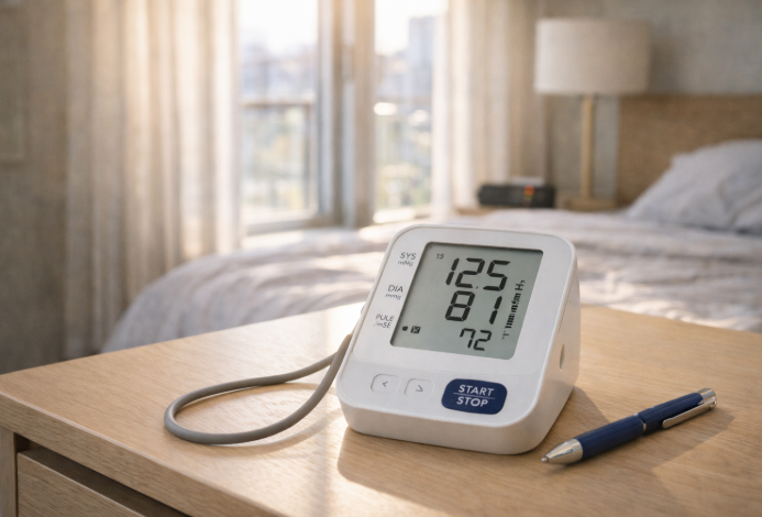 아침 침실에서 측정한 혈압 수치와 가정용 혈압계 모습