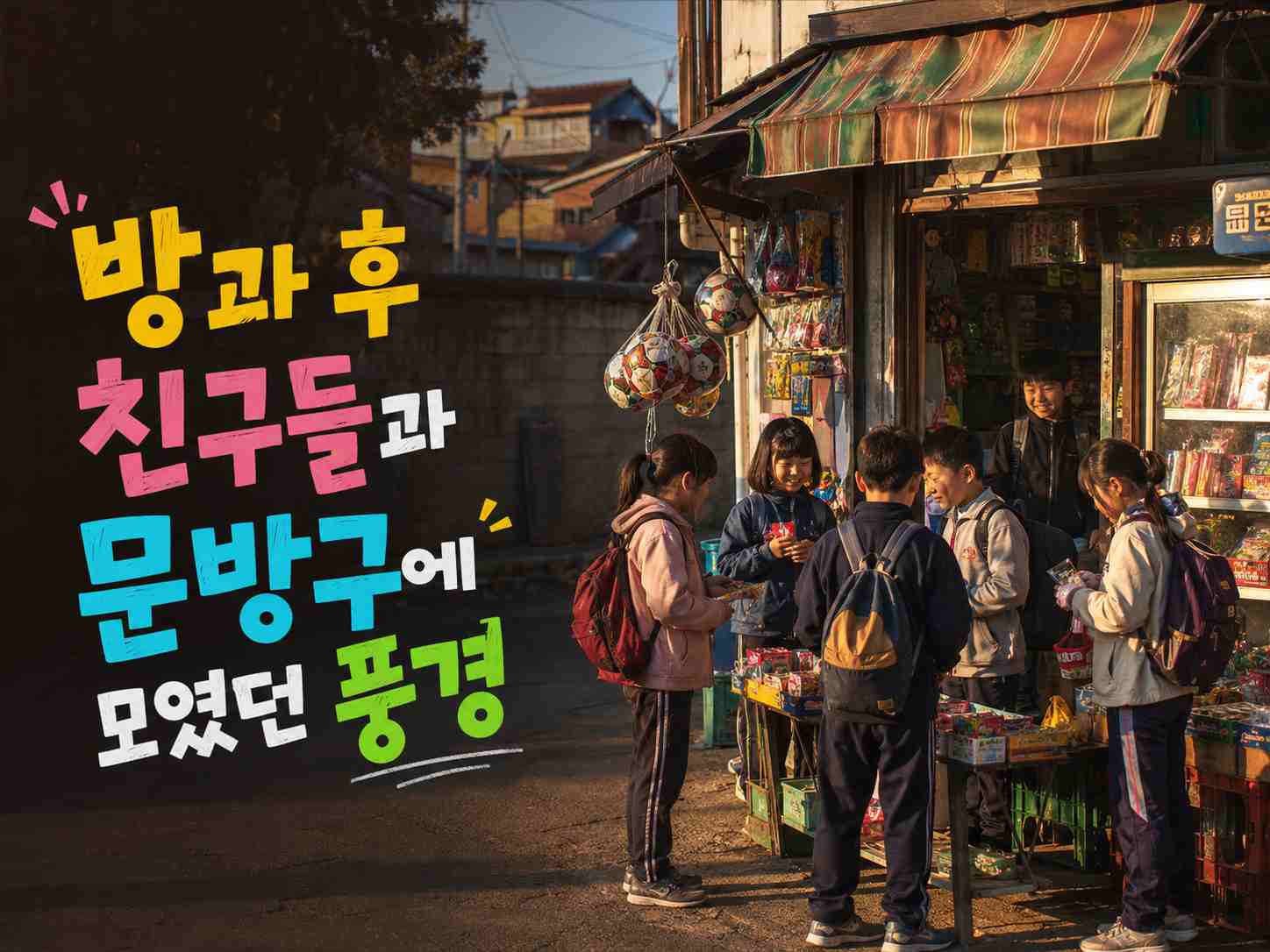 방과 후 책가방을 멘 여러 학생이 오래된 동네 문방구 앞에 모여 진열된 물건을 구경하는 모습