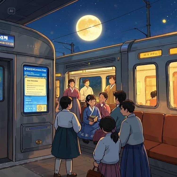 KTX 열차가 고향으로 향하는 풍경, 추석 분위기의 달과 가족 모임, 코레일톡 앱 화면과 서버 시간 시계, 전략적인 티켓팅 분위기, 따뜻하고 희망적인 색감