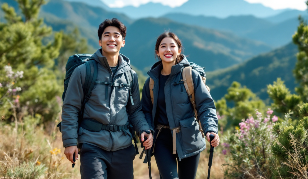 남녀 한쌍이 가벼운 차림으로 등산을 하고 있는 모습