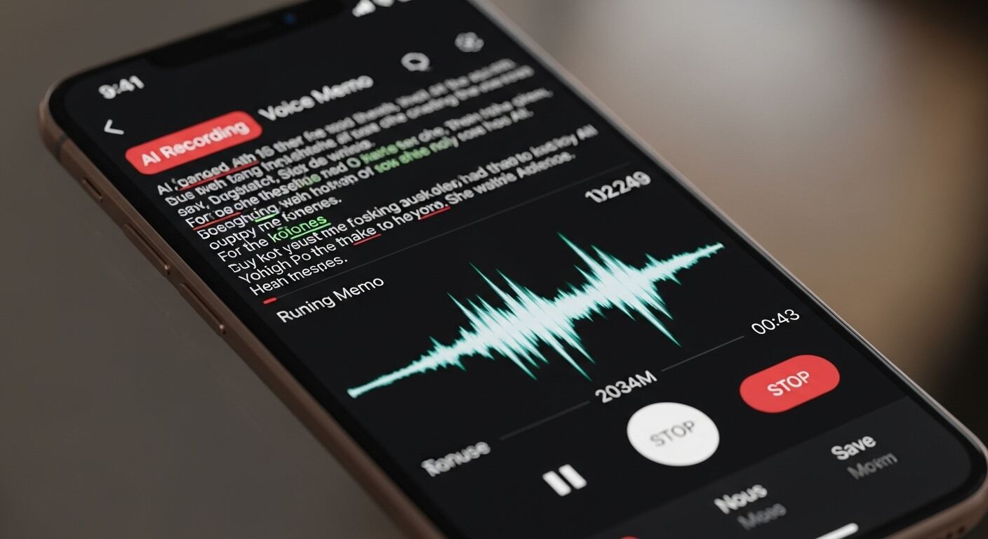 AI 음성 인식 앱으로 음성메모를 기록하고 있는 스마트폰 화면