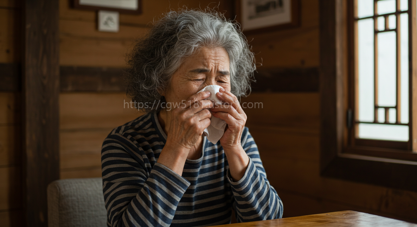 환절기 감기에 걸린 노인이 코를 풀고 있는 모습