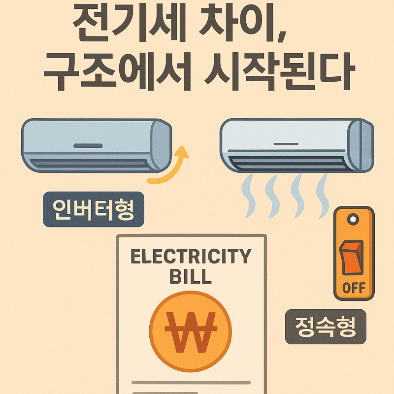 인버터형: 지속 운전, 전력 감소. 정속형: 껐다 켰다 반복, 전력 급등락“계속 틀면 아낀다!” vs “껐다 켰다 낭비된다”