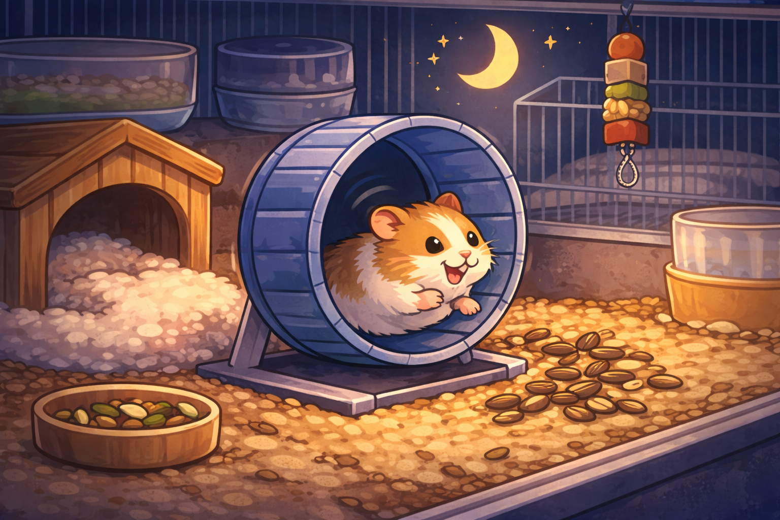 밤에 바퀴를 돌리고 있는 햄스터 그림