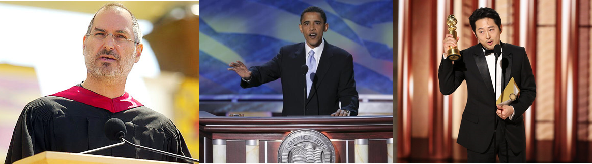 (왼쪽에서부터) 스티브 잡스, 버락 오바마, 스티븐 연의 연설 사진