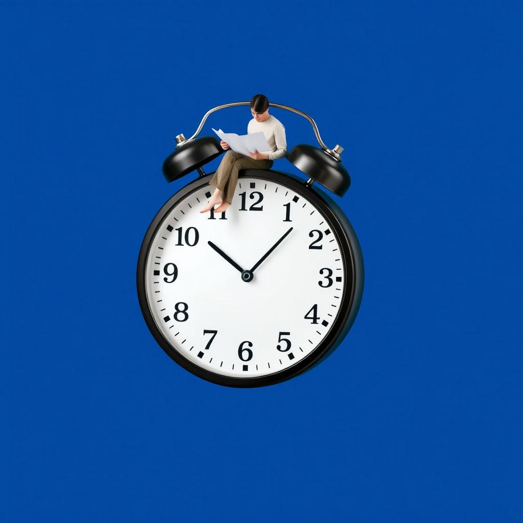 아날로그 시계 위에 앉은 사람이 하루 계획을 펼쳐보는 느낌
