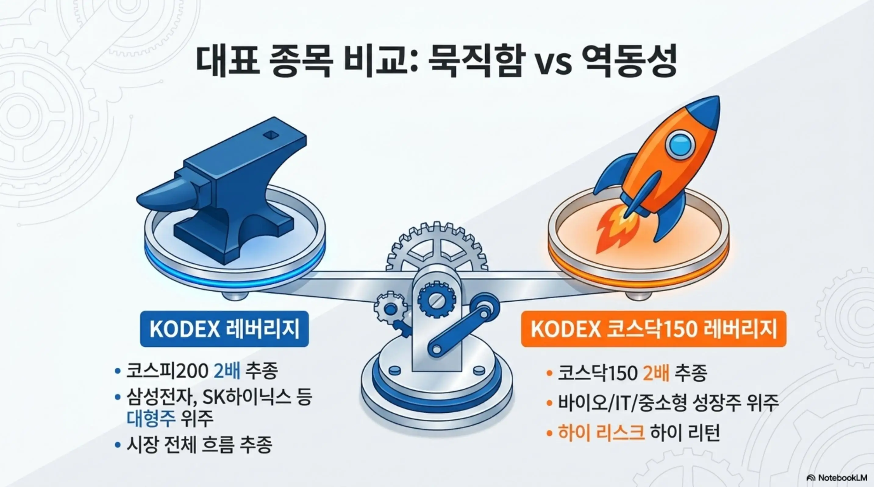 레버리지 ETF: 코덱스 레버리지와 코덱스 코스닥150 레버리지를 저울 위에 올려 대형주 위주의 묵직함과 중소형 성장주의 역동성으로 비교한 이미지. 코스피200 2배 추종과 코스닥150 2배 추종의 특성 차이를 시각적으로 설명함