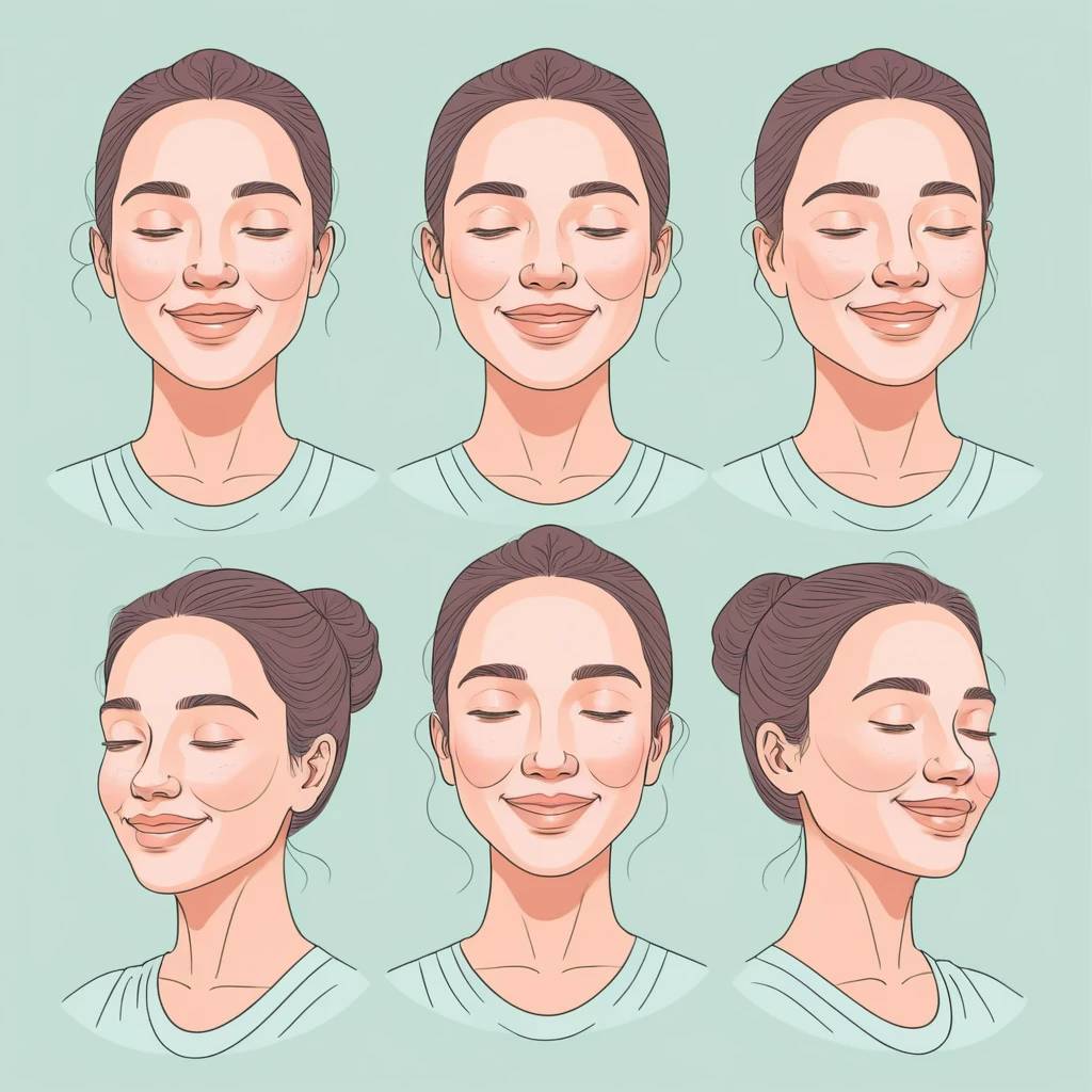 얼굴 운동 동작 6가지 일러스트. 볼 부풀리기&amp;#44; 미소 올리기&amp;#44; 눈썹 올리기&amp;#44; 목 스트레칭&amp;#44; 턱 밀기&amp;#44; 복식호흡 순서로 표시