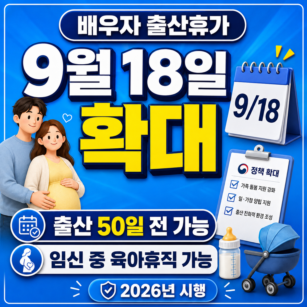 2026 배우자 출산휴가 9월 18일부터 확대: 출산 50일 전부터·임신 중 육아휴직 가능