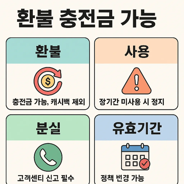 대전사랑카드 환불 가능하나 캐시백 제외, 장기간 미사용 시 정지, 분실 시 고객센터 신고, 유효기간 및 정책 변경 가능성을 설명한 인포그래픽