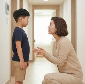 아이 눈높이에 맞춰 사과하는 엄마의 모습