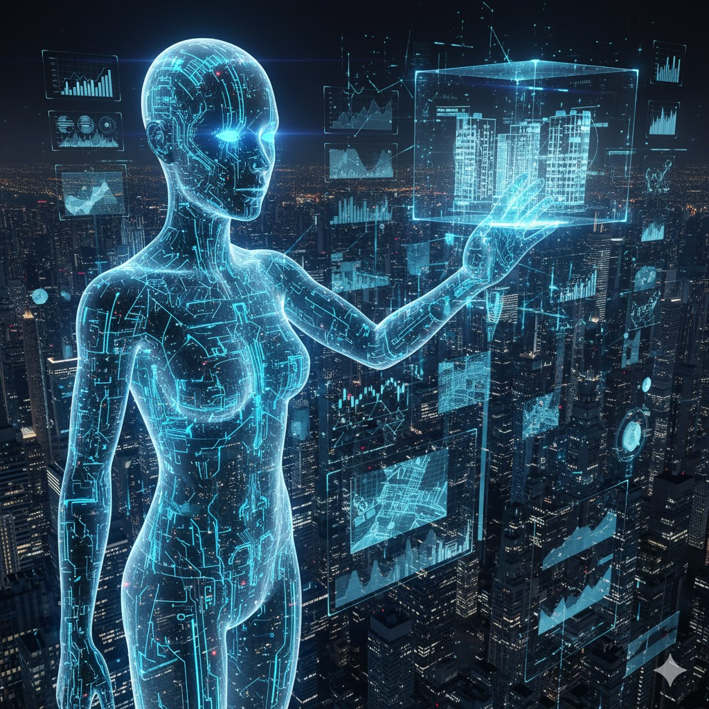 AI 여성형 데이터 분석 인터페이스가 도시의 빌딩 데이터를 가상으로 조작하는 장면
