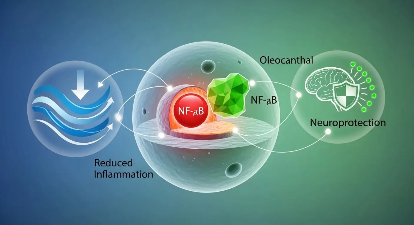 올레오칸탈이 염증 경로인 NF-&kappa;B를 억제하는 모습을 추상적으로 보여주는 인포그래픽. 뇌 건강 보호를 상징하는 요소들이 함께 그려져 있다.