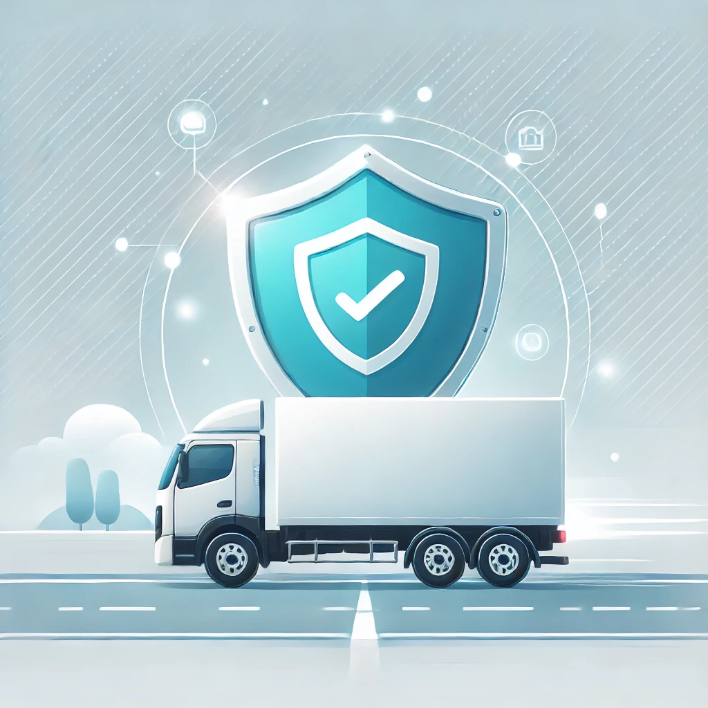 택배차량과 보험 보호를 나타내는 아이콘들이 주변을 둘러싼 이미지. 택배차량 보험료 절감 및 보험 보호의 개념을 시각적으로 표현