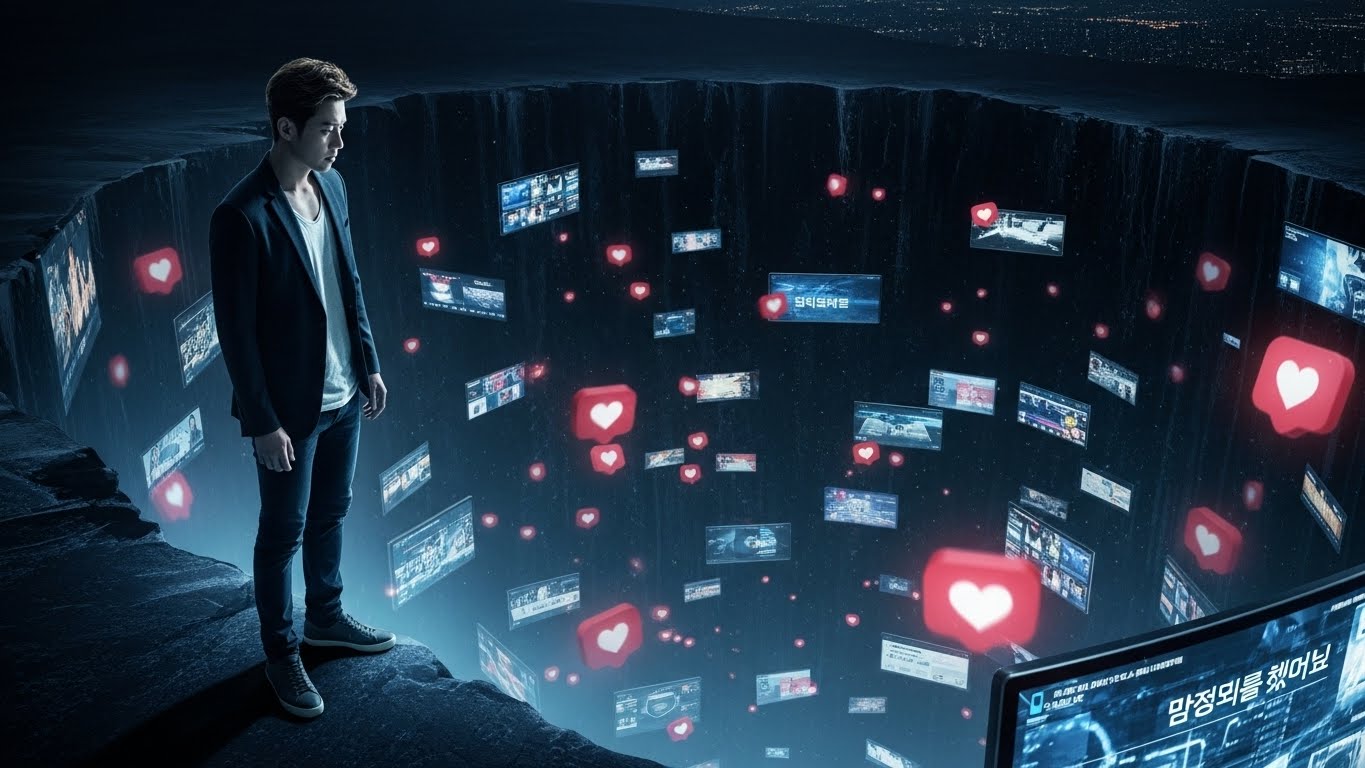 무분별한 정보와 비교가 가득한 디지털 심리의 함정을 상징적으로 표현한 모습