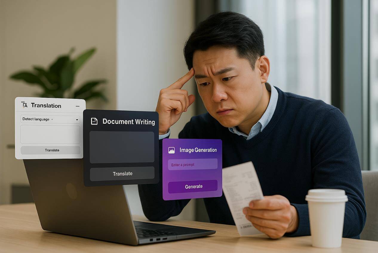 노트북 앞에서 영수증을 들고 고민하는 남성 모습.