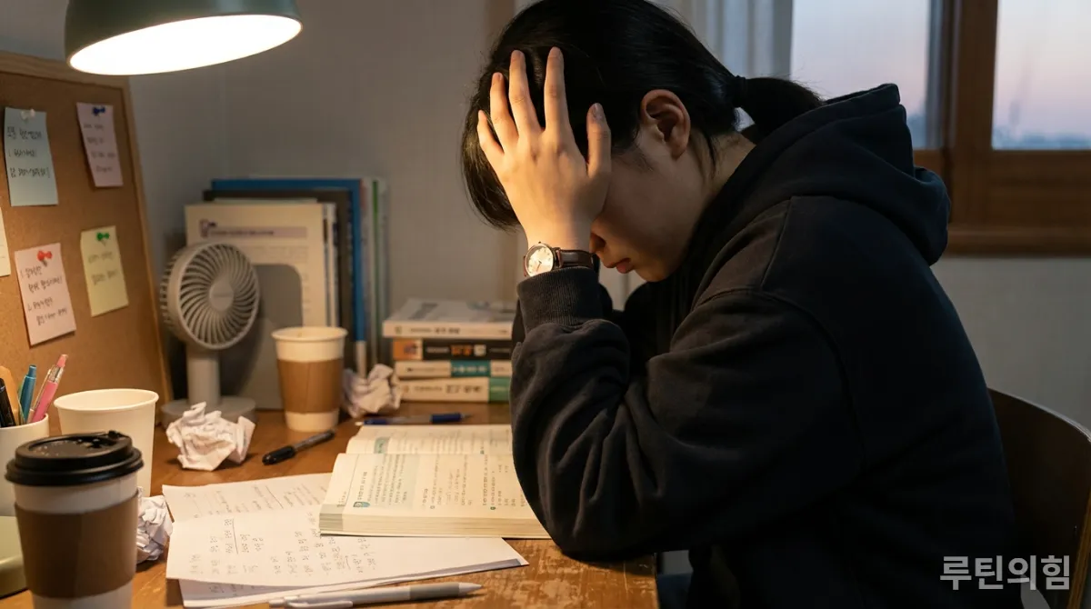 공부 슬럼프에 지쳐 얼굴을 감싸고 있는 학생