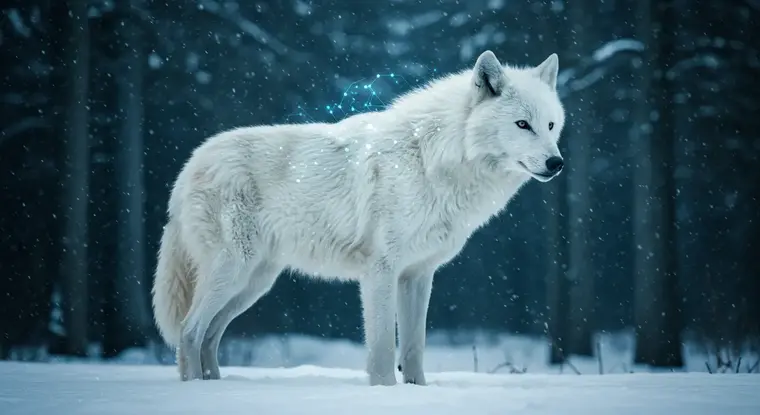 눈 덮인 숲 속에 서 있는 다이어울프와 그 위에 디지털 유전자 데이터 흐름을 시각화한 이미지