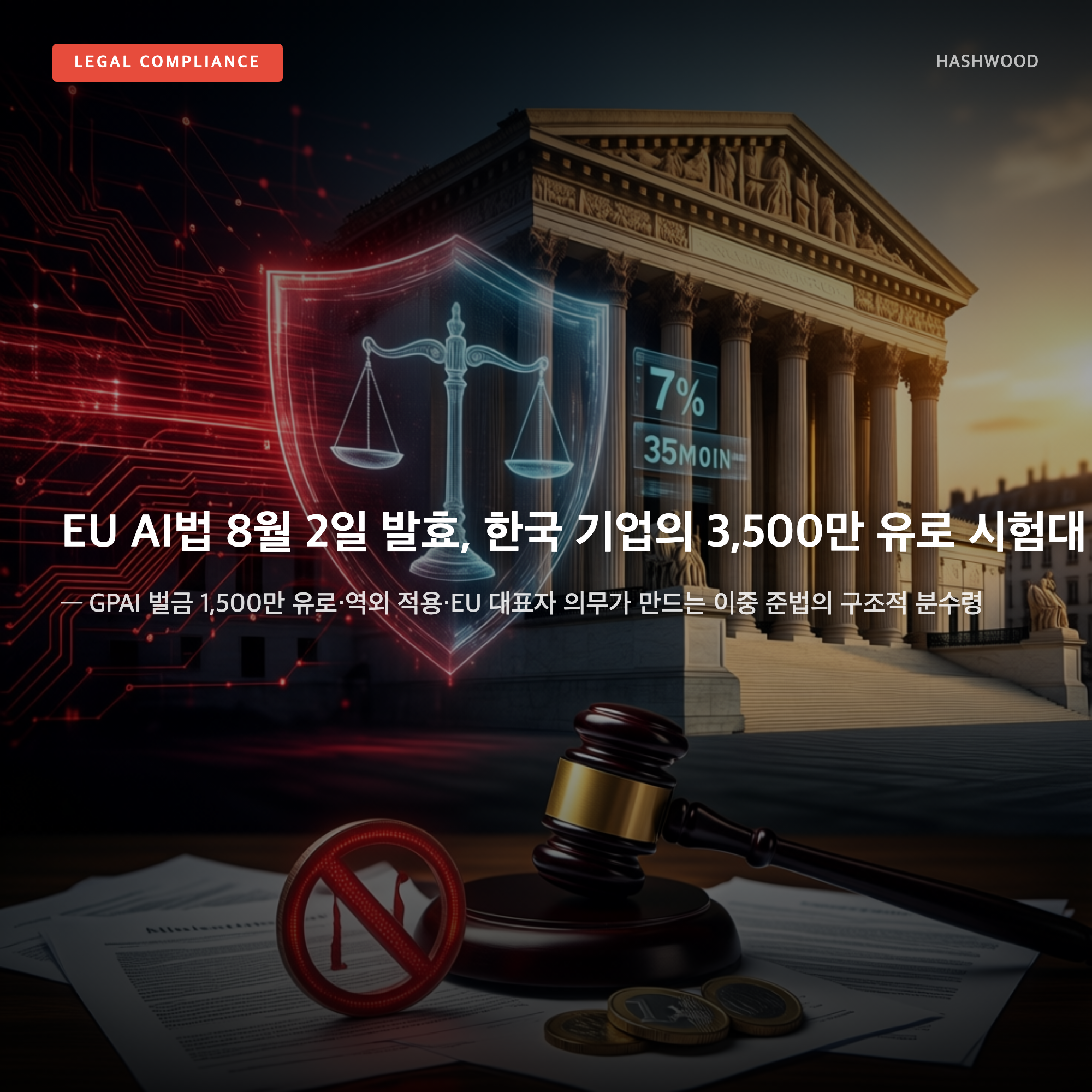 그림: EU AI법 8월 2일 발효, 한국 기업의 3,500만 유로 시험대 — — GPAI 벌금 1,500만 유로·역외 적용·EU 대표자 의무가 만드는 이중 준법의 구조적 분수령