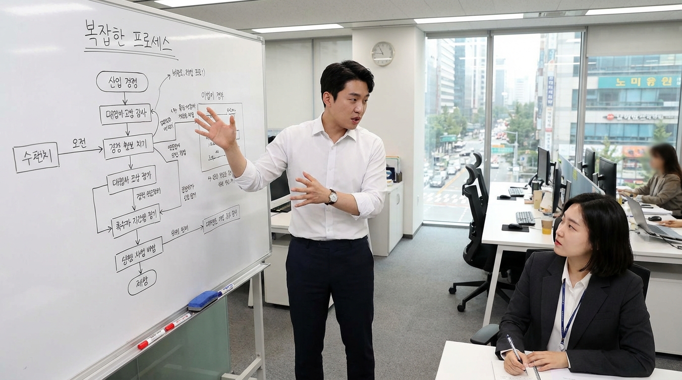 직무 면접에서 논리적인 해결 과정을 설명하는 SK하이닉스 지원자의 모습