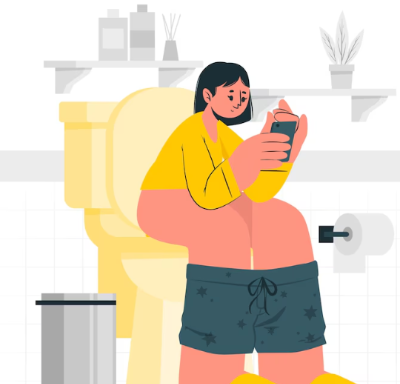 변기 위에 앉아 핸드폰 하고 있는 여자 일러스트