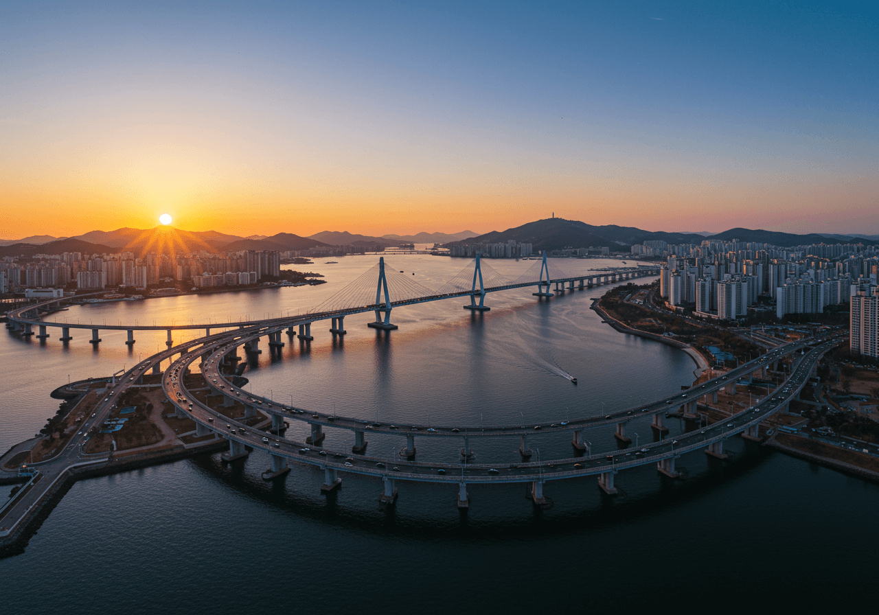 해질 무렵 석양을 배경으로 한 인천대교 전경, 송도와 영종도를 잇는 인천의 대표 교량