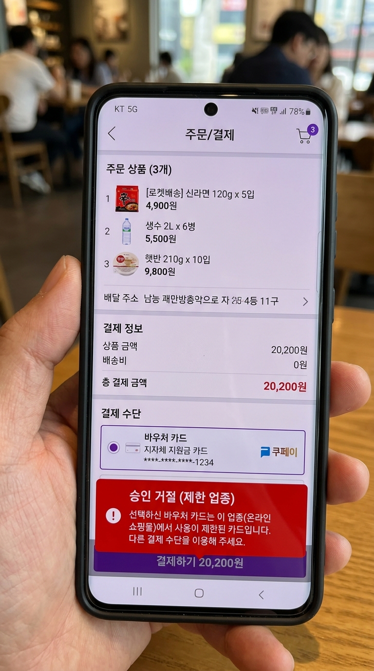 대기업 온라인 쇼핑몰 쿠팡에서 지원금 카드 결제 시 발생하는 승인 거절 알림 캡처