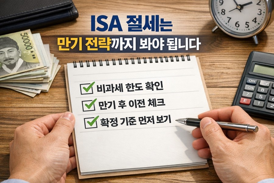 ISA 계좌 절세 전략에서 비과세 한도와 만기 후 연금계좌 이전, 현재 확정 기준 확인이 중요하다는 점을 보여주는 체크리스트 이미지