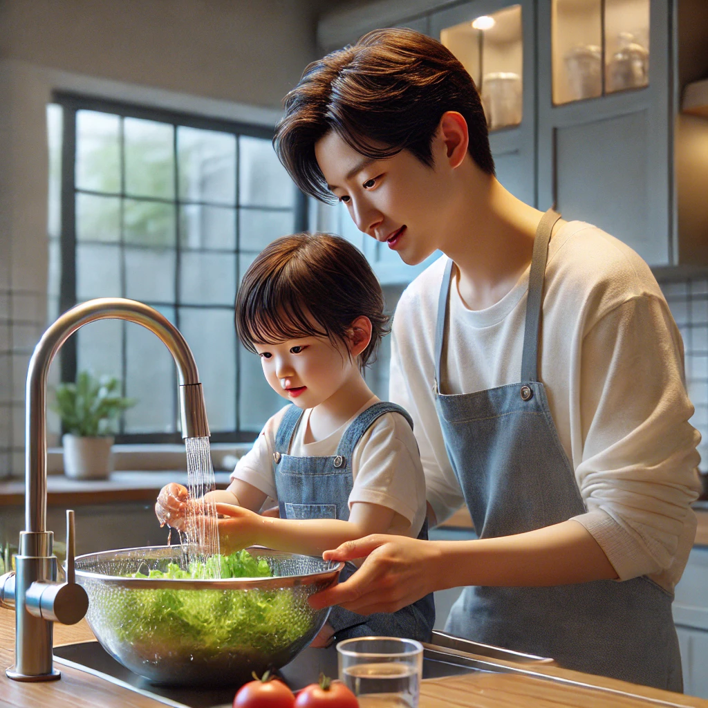 부모와 자녀가 주방에서 함께 간단한 음식을 준비하며 팀워크를 발휘하는 모습. 부모가 아이에게 채소 씻는 법을 가르치며 사랑과 협력을 강조
