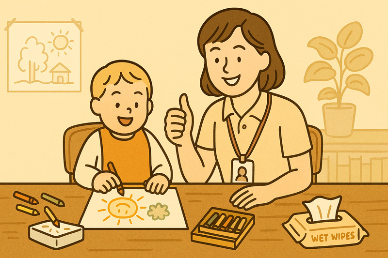 아이의 그림 그리기를 격려하며 웃는 아이돌보미
