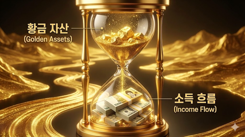 거대한 황금 모래시계 속에서 금가루가 떨어지며 아래쪽에는 지폐 더미가 쌓이는 신비롭고 고급스러운 그래픽 일러스트