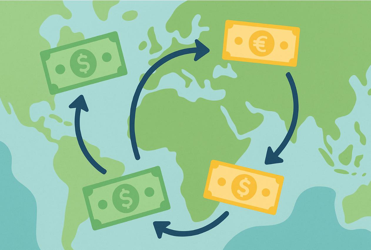 달러와 유로 지폐가 조세 회피처로 순환하는 모습