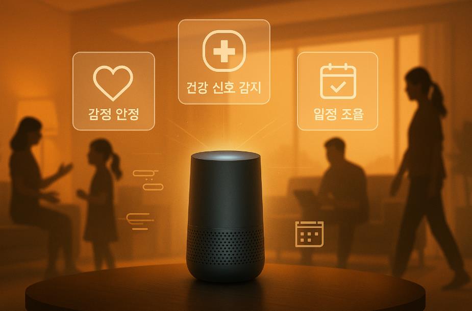 AI 스피커가 감정&middot;건강&middot;일정 기능을 조용히 지원하는 모습
