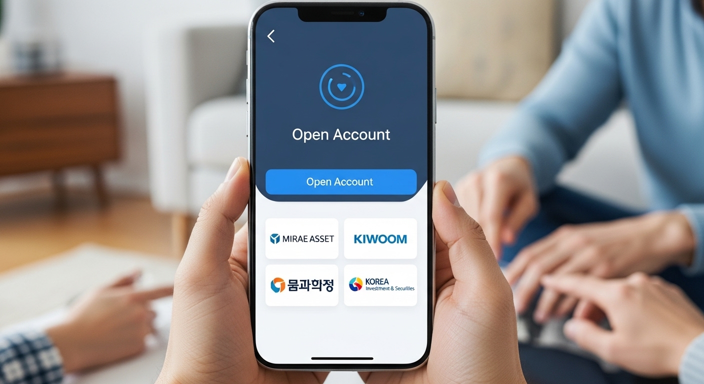 스마트폰으로 비대면 증권 계좌를 개설하는 화면. 다양한 증권사 로고와 함께 주식 앱이 보여지며, 누구나 쉽게 계좌를 개설할 수 있음을 나타냅니다.