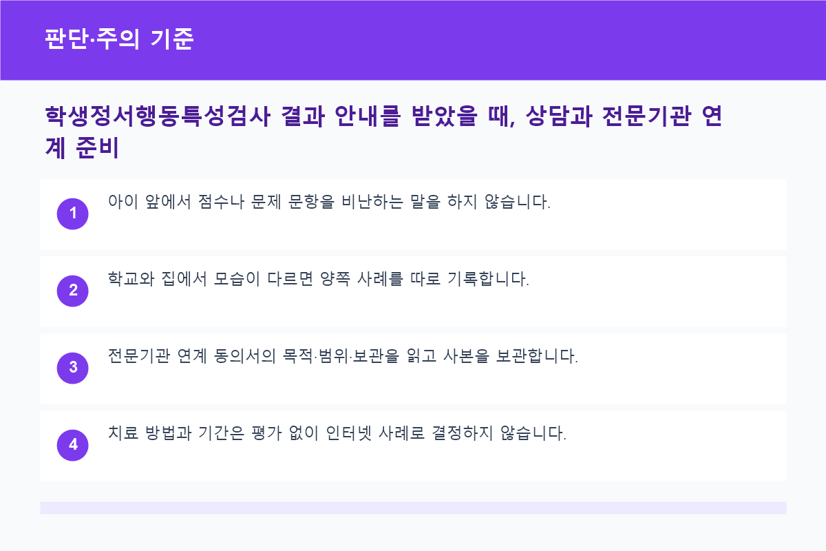 학생정서행동특성검사 결과 안내를 받았을 때, 상담과 전문기관 연계 준비 판단&middot;주의 기준 정보 이미지