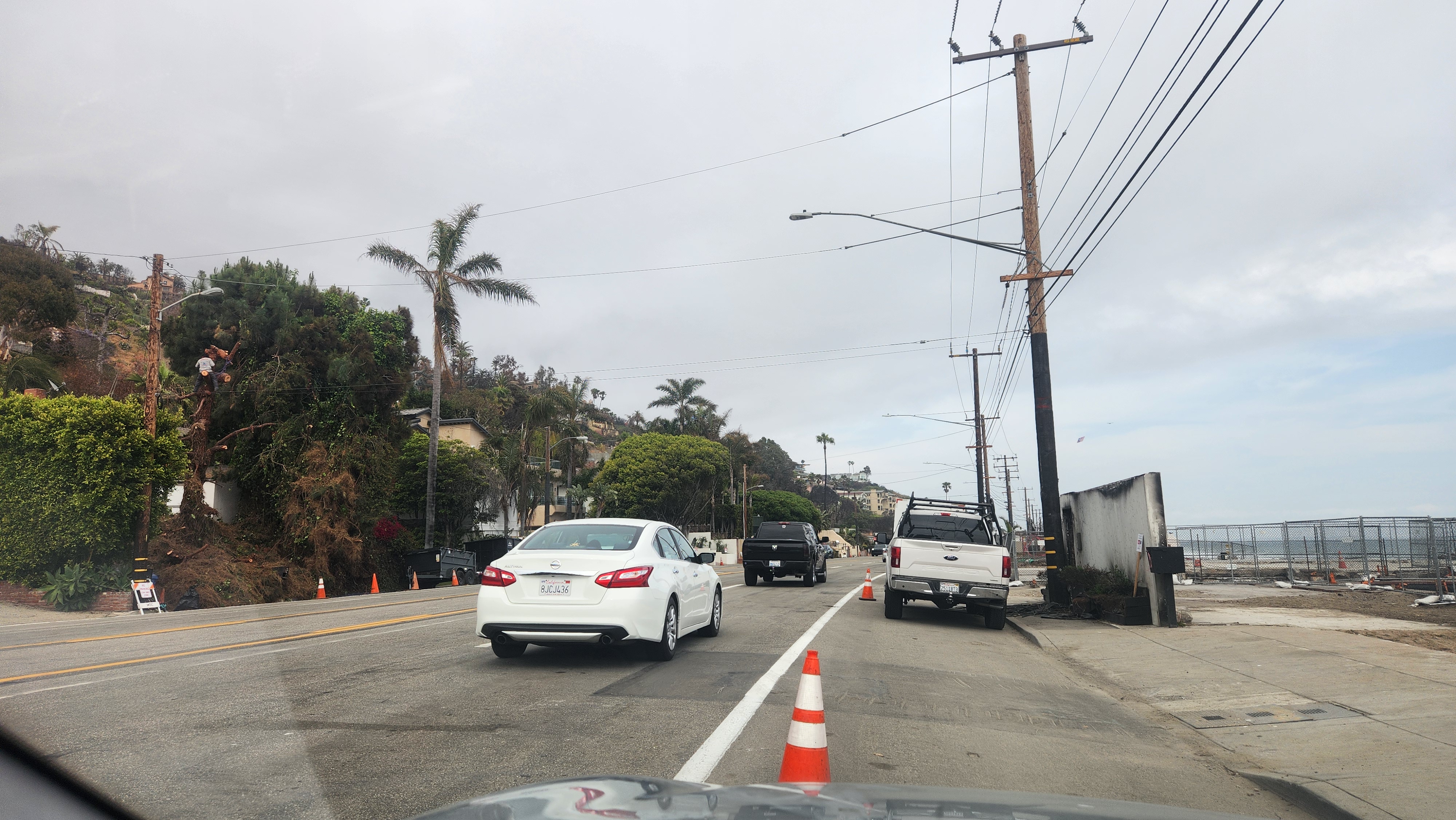 pch 전신주와 담벼락 일부는 그을린 흔적,
도로에는 차량 통제용 콘이 설치되어 있으며, 일부 나무들은 벌목 중인 이미지