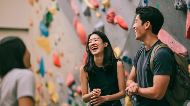 실내 암장에서 함께 볼더링을 즐기는 사람들