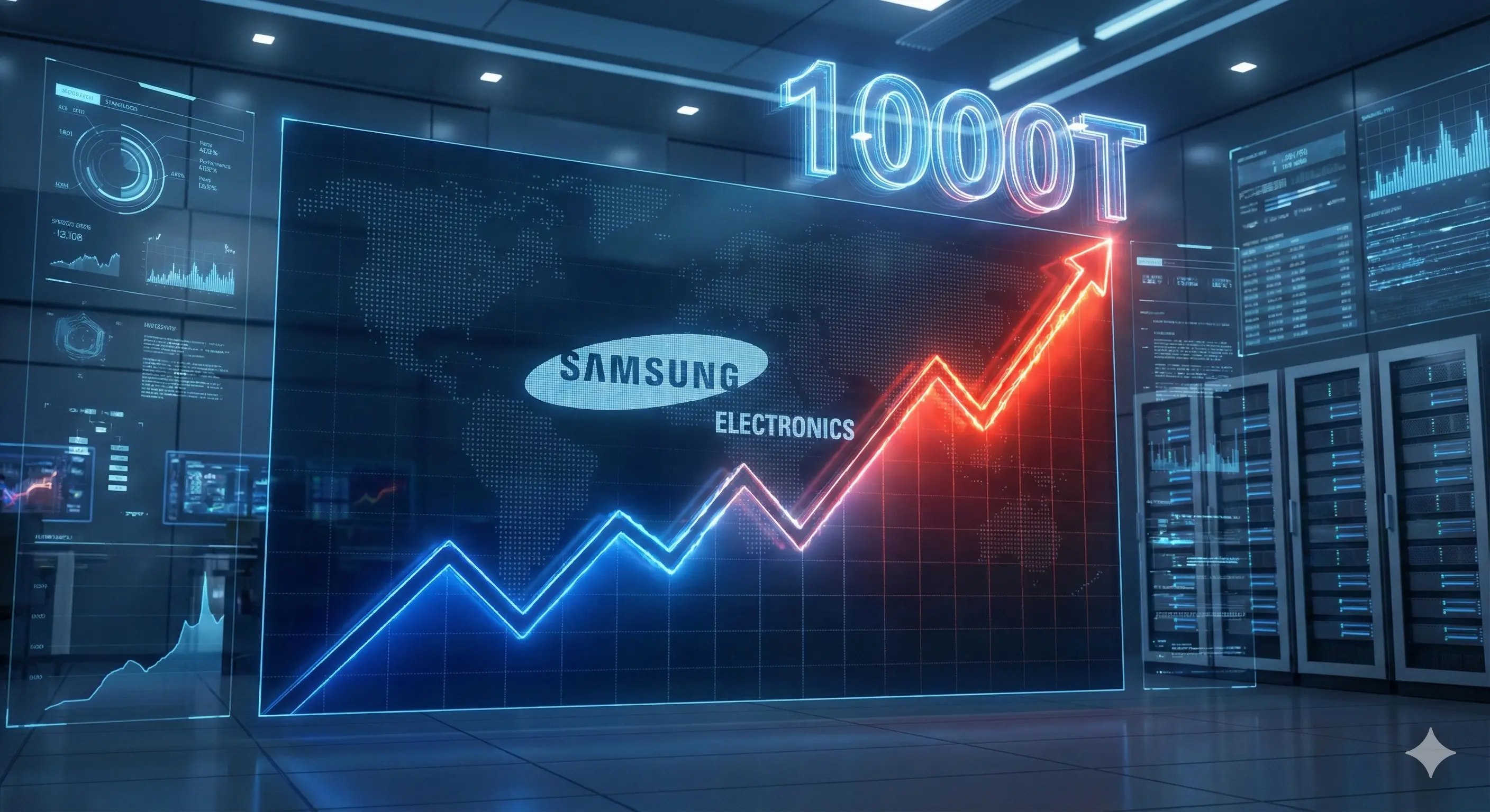 삼성전자 주가 급등 차트와 시가총액 1000조 돌파 이미지