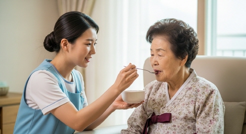 집에서 보호받으며 식사 중인 어르신