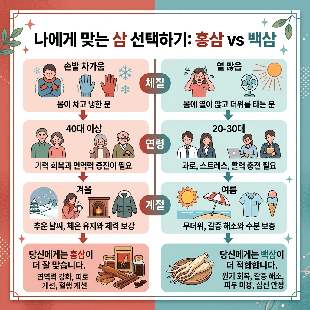체질 계절 나이별 홍삼 인삼 선택 기준 도식