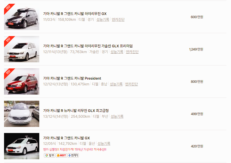 기아 카니발 중고차 가격 시세표 24년10월