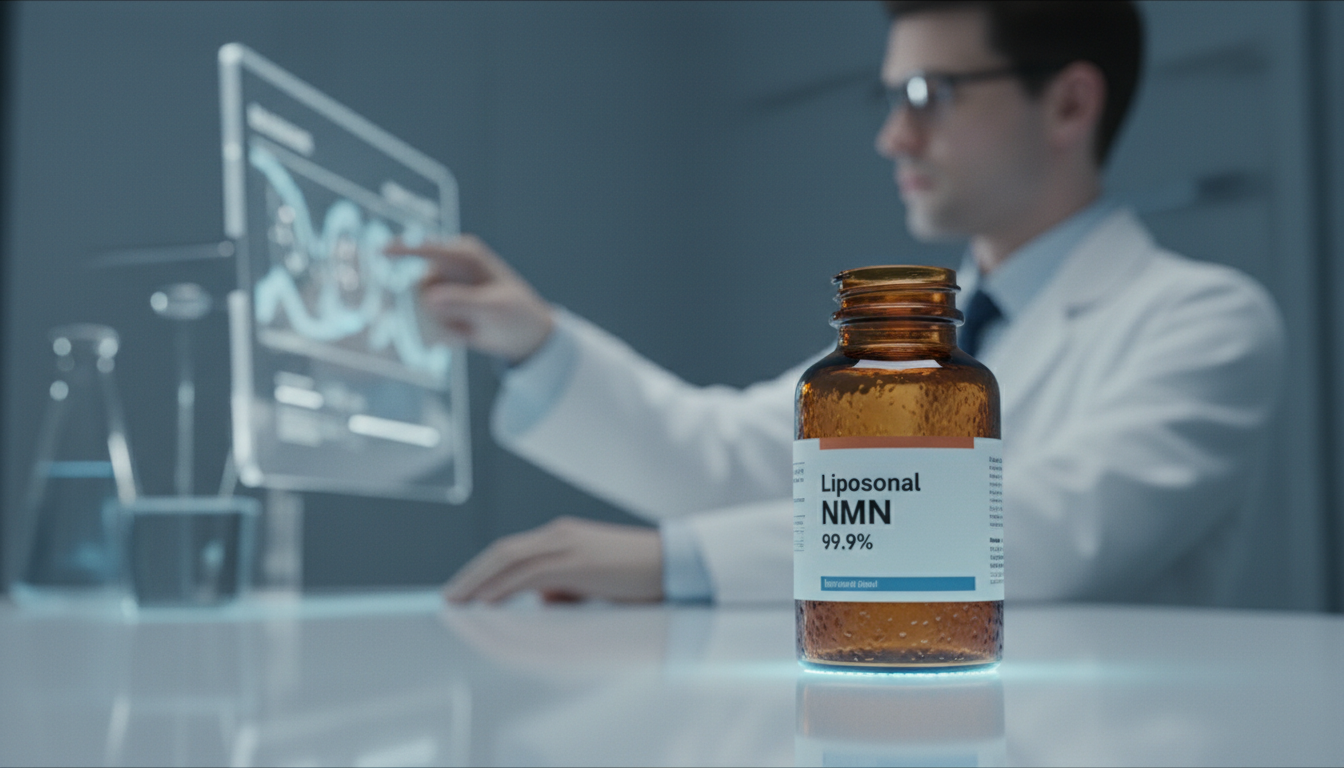 2026년 현대적인 제약 연구소 배경의 초고화질 시네마틱 클로즈업. 전경에는 'Liposomal NMN 99.9%' 라벨이 붙은 깨끗한 갈색 유리병이 매끄러운 흰색 표면 위에 놓여 있다. 부드러운 쿨톤의 파란 조명이 병의 미래지향적인 질감을 강조한다. 흐릿한 배경에는 흰 가운을 입은 과학자가 투명 홀로그램 화면의 데이터를 분석하고 있다. 전문적이고 과학적이며 깨끗한 분위기. 리얼리즘 스타일, 얕은 심도.